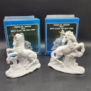 Lot of 2 Vintage K-Mart Exclusive White & Gold Glazed Unicorns in Surf w/ Boxes